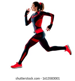 One Caucasian Beautiful Woman Runner Running Jogger Jogging Stretching Warming Up In Jumpsuit Winter Clothes Isolated On White Background