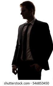 One Caucasian Business Man Handsome Full Suit Standing Full Length Serious Silhouette In Studio Isolated White Background