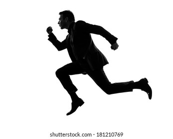 One Caucasian Business Man Running In Silhouette  On White Background