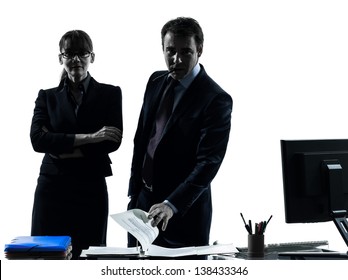 One Caucasian Busy Smiling Business Woman Man Couple  In Silhouette Studio Isolated On White Background