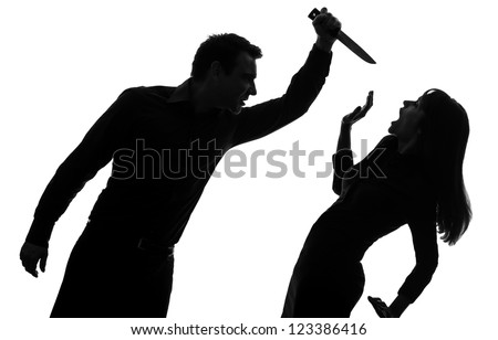one caucasian couple man killing woman with knife in silhouette studio isolated on white background