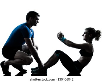 One Caucasian Couple Man Woman Personal Trainer Coach Exercising Abdominal Silhouette Studio Isolated On White Background