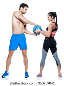 One Caucasian Couple Man And Woman Exercising Fitness Exercises Isolated On White Background