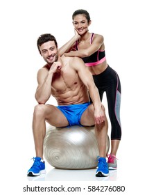 one caucasian couple man and woman exercising fitness exercises isolated on white background