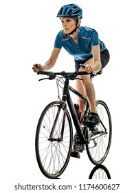 One Caucasian Cyclist Woman Cycling Riding Bicycle Isolated On White Background