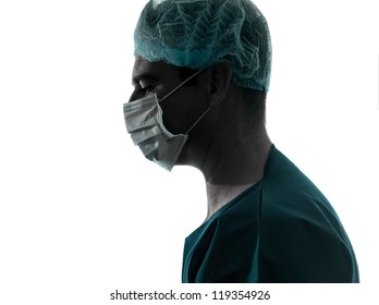 One Caucasian Doctor Surgeon Man Portrait Profile With Face Mask Medical Worker Silhouette Isolated On White Background