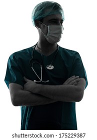 one caucasian doctor surgeon man portrait with face mask medical worker silhouette isolated on white background