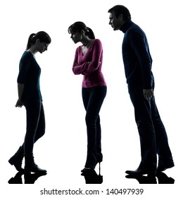 One Caucasian Family Father Mother Daughter Man Dispute Reproach In Silhouette Studio Isolated On White Background