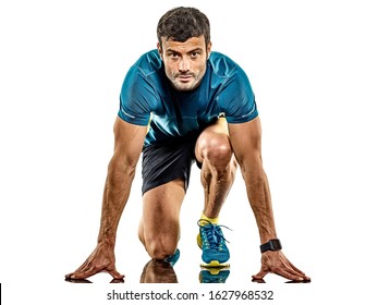 one caucasian handsome mature man running runner jogging jogger isolated on white background - Powered by Shutterstock