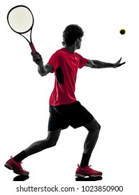 One Caucasian Hispanic Tennis Player Man In Studio Silhouette Isolated On White Background