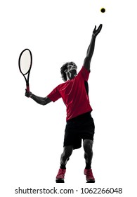 One Caucasian Hispanic Tennis Player Man In Studio Silhouette Isolated On White Background