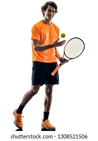 One Caucasian Hispanic Tennis Player Man In Studio Silhouette Isolated On White Background