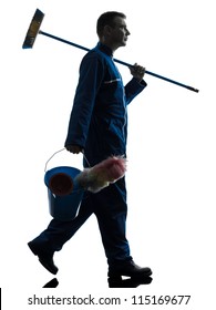 One Caucasian Janitor Cleaner Cleaning Silhouette In Studio On White Background