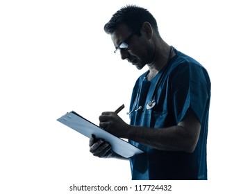 One Caucasian Man Doctor Surgeon Medical Worker Silhouette Isolated On White Background