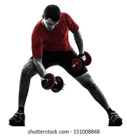 one caucasian man exercising weight training   on white background