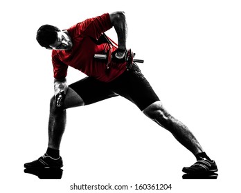 One Caucasian Man Exercising Weight Training   On White Background