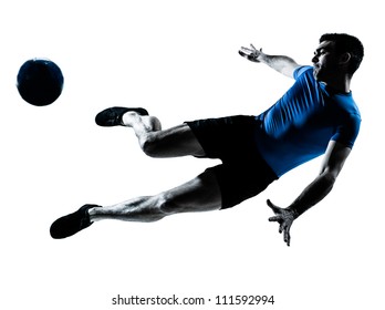 One Caucasian Man Flying Kicking Playing Soccer Football Player Silhouette  In Studio Isolated On White Background