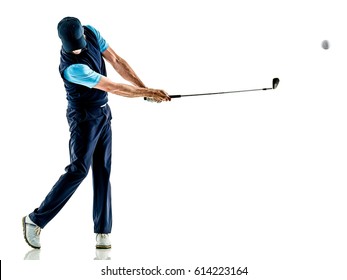 one caucasian man golfer golfing in studio isolated on white background