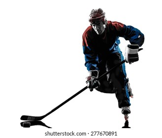 one caucasian man hockey player  in studio  silhouette isolated on white background