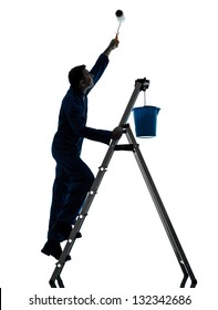 One Caucasian Man House Painter Worker Silhouette In Studio On White Background