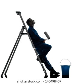 One Caucasian Man House Painter Worker Silhouette In Studio On White Background