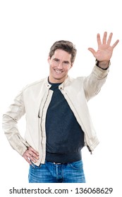 One Caucasian Man Mature Handsome Portrait Saluting High Five Studio  White Background