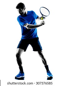 One Caucasian Man Playing Tennis Player In Studio Silhouette Isolated On White Background