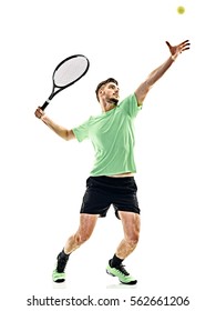 one caucasian  man playing tennis player service serving isolated on white background