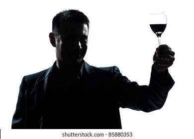 one caucasian man portrait silhouette rising up toasting his glass of red wine in studio isolated white background