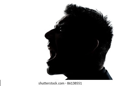 One Caucasian Man Portrait Silhouette Profile Screaming Angry In Studio Isolated White Background