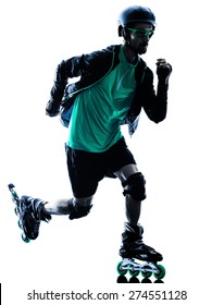 One Caucasian Man Roller Skater Inline  Roller Blading In Silhouette Isolated On White Background