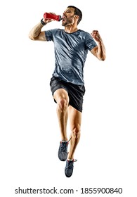 one caucasian man runner jogger running jogging isolated on white background with shadows