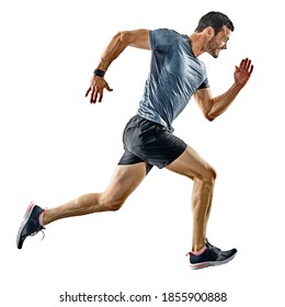 one caucasian man runner jogger running jogging isolated on white background with shadows - Powered by Shutterstock