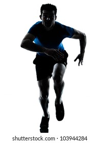 One Caucasian Man Runner Running Sprinter Sprinting  In Silhouette Studio  Isolated On White Background