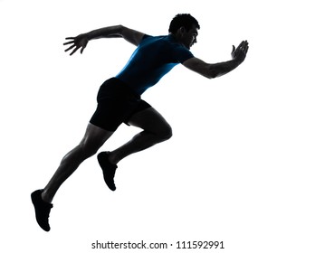 one caucasian man runner running sprinter sprinting  in silhouette studio  isolated on white background