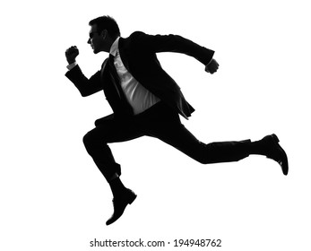 One Caucasian Man Running Secret Service In Silhouette On White Background