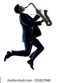 One Caucasian Man  Saxophonist Playing Saxophone Player In Studio Silhouette Isolated On White Background