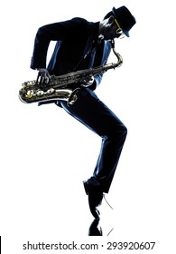 One Caucasian Man  Saxophonist Playing Saxophone Player In Studio Silhouette Isolated On White Background