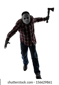 One Caucasian Man Serial Killer With Mask Full Length In Silhouette Studio Isolated On White Background