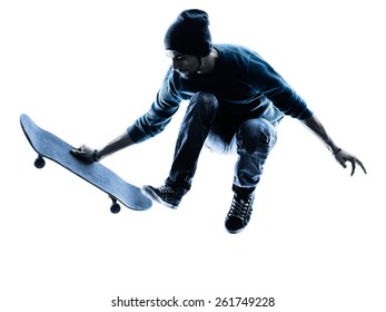 one caucasian man skateboarder skateboarding in silhouette isolated on white background