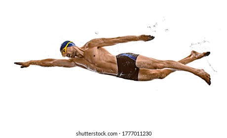 one caucasian man sport swimmer swimming silhouette isolated on white background
