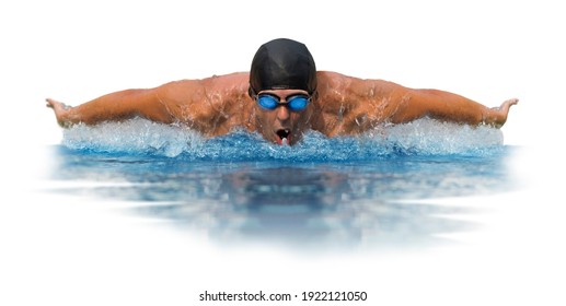 One caucasian man sport swimmer swimming silhouette isolated on white background