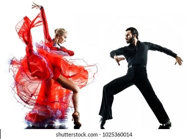 one caucasian man and woman couple ballroom tango salsa dancer dancing in studio silhouette isolated on white background