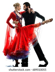 One Caucasian Man And Woman Couple Ballroom Tango Salsa Dancer Dancing In Studio Silhouette Isolated On White Background