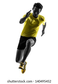 One Caucasian Man Young Sprinter Runner Running  In Silhouette Studio  On White Background