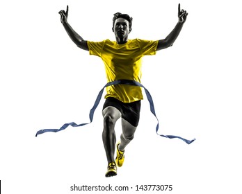 one caucasian man young sprinter runner running  winner at finish line  in silhouette studio  on white background - Shutterstock ID 143773075