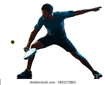 one caucasian mature man Paddle Padel tennis player shadow silhouette in studio isolated on white background