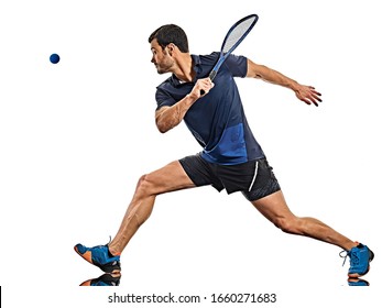 one caucasian mature man practicing squash player in studio isolated on white background - Shutterstock ID 1660271683