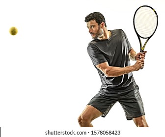 one caucasian mature tennis player man backhand waist up profile side view in studio isolated on white background