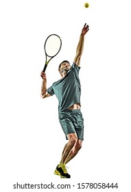 One Caucasian Mature Tennis Player Man Serving Service In Studio Isolated On White Background